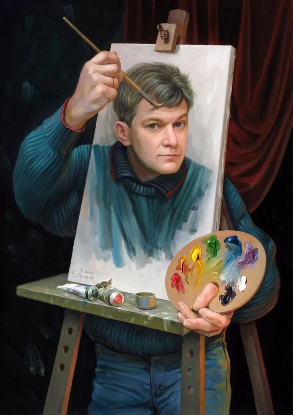 A humorous self-portrait of an artist holding a paintbrush and palette, concentrating on his canvas, with a playful expression against a dark background.