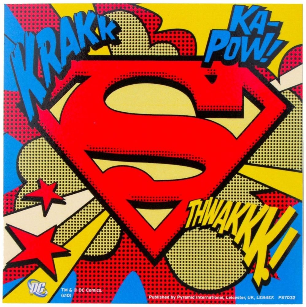 Bright pop art comic image featuring the iconic red Superman logo with colorful KRAKK, KA-POW, and THWAKKK sound effects in bold letters.