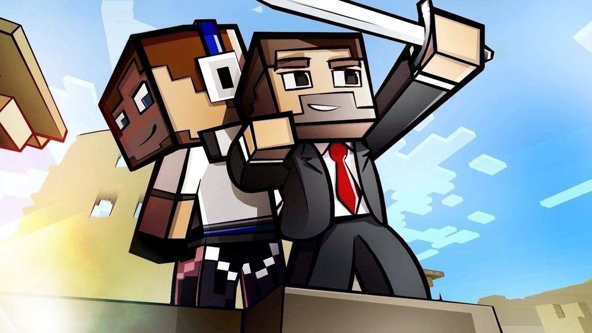 Animated Minecraft characters wielding a sword in a dynamic action pose against a bright sky background.