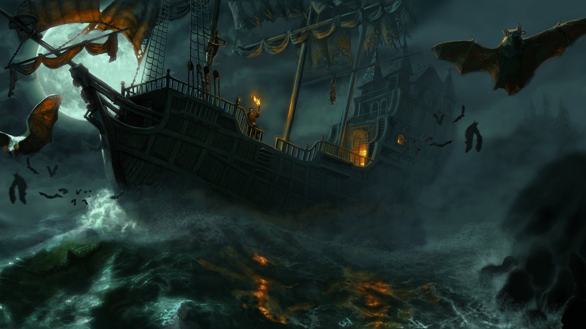 A weathered fantasy ship plows storm-tossed seas at night, lanterns glowing through mist as bats wheel around its towering masts.