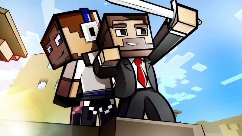 Animated Minecraft characters wielding a sword in a dynamic action pose against a bright sky background.
