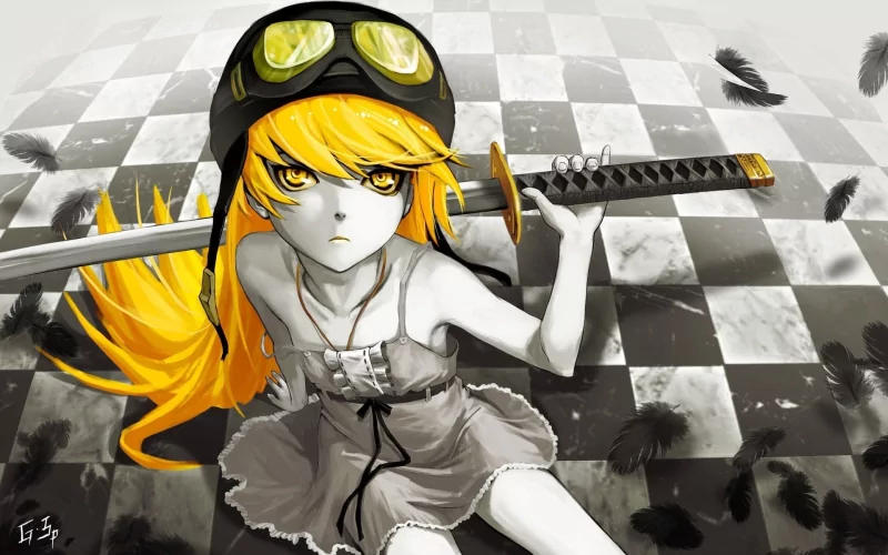 aviator helmet yellow eyes blonde katana Shinobu Oshino Anime Monogatari (Series) Image