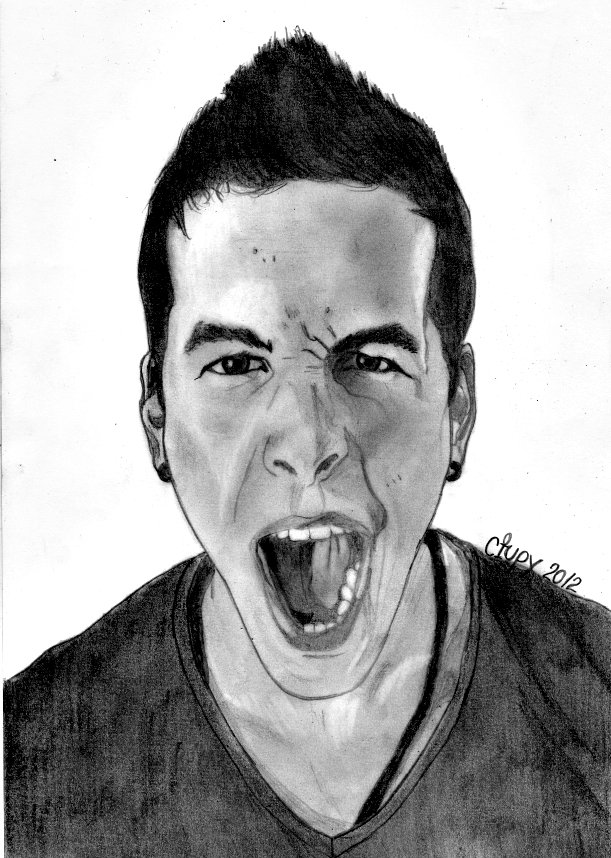 A striking black-and-white drawing of celebrity Mario Casas, featuring him with an intense expression and open mouth, conveying strong emotion. The artwork showcases detailed shading and depth.