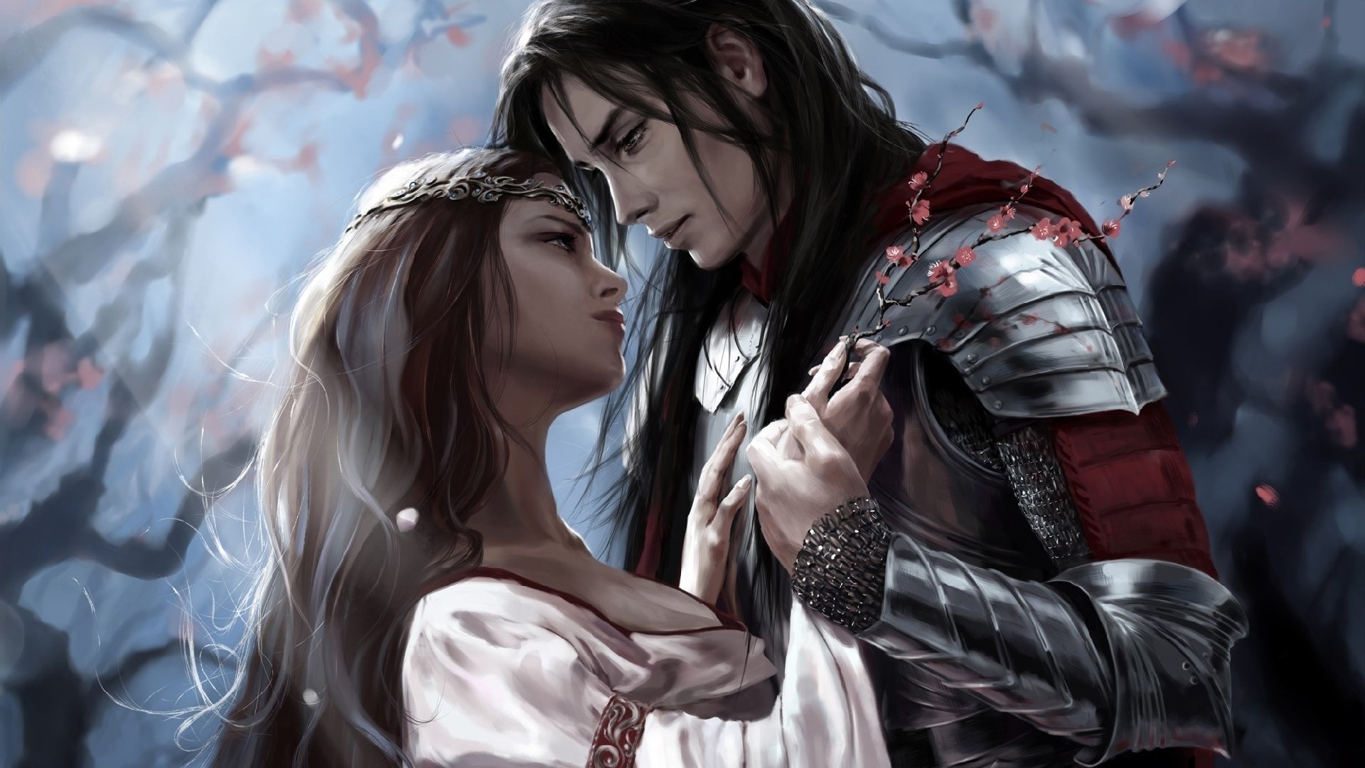A knight in shining armor gazes lovingly into the eyes of a woman, surrounded by a dreamy, fantasy landscape, capturing a powerful moment of love between the couple.