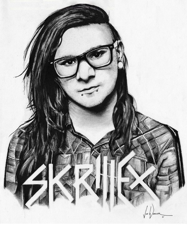 A detailed pencil sketch of Skrillex, showcasing his signature style with long hair, glasses, and a punk-inspired outfit, highlighted by the bold text of his name below.
