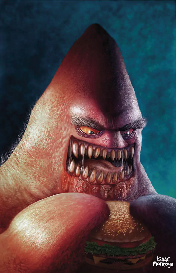A menacing depiction of Patrick Star from SpongeBob SquarePants, showcasing sharp teeth and a fierce expression while holding a burger.