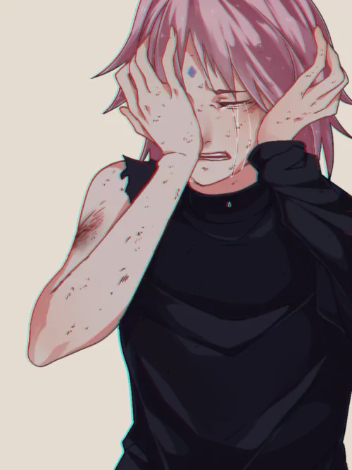 Sakura Haruno from the anime Naruto, expressing distress and vulnerability, with tears and dirt on her face, reflecting a moment of intense emotion.