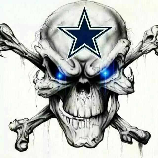 Skull and crossbones with glowing blue eyes and a Dallas Cowboys star on its forehead, sports-themed fan artwork.