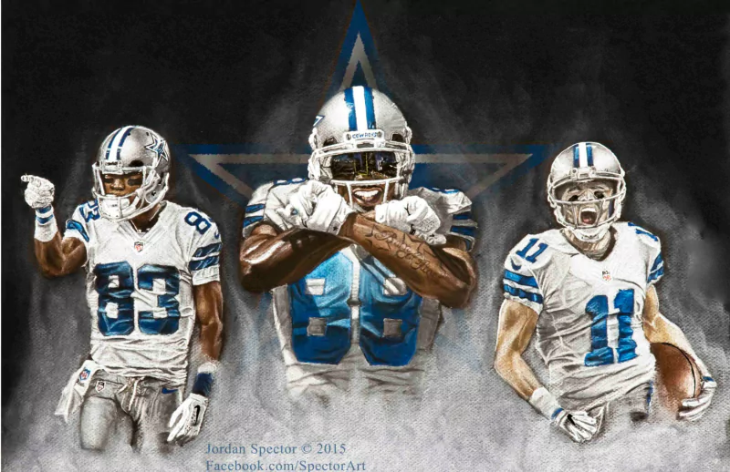 Three Dallas Cowboys football players in team uniforms in front of the Cowboys star, striking action poses on a gritty sports-themed background.