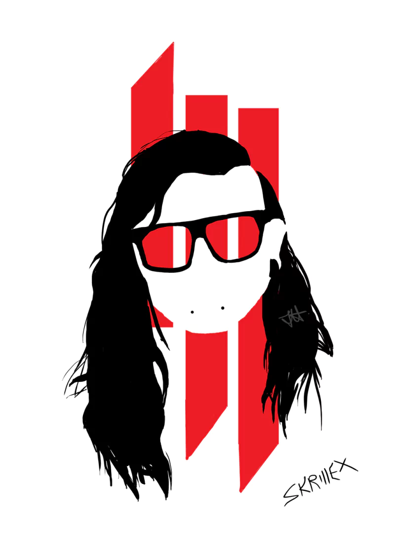 A stylized illustration of Skrillex, featuring bold black lines and red accents, captures the artist’s iconic look with sunglasses and long hair, set against a striking background.