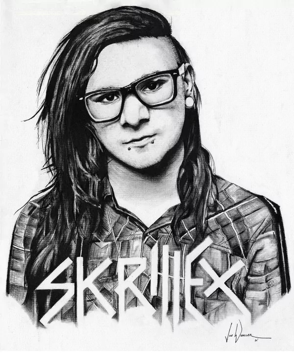 A detailed pencil sketch of Skrillex, showcasing his signature style with long hair, glasses, and a punk-inspired outfit, highlighted by the bold text of his name below.