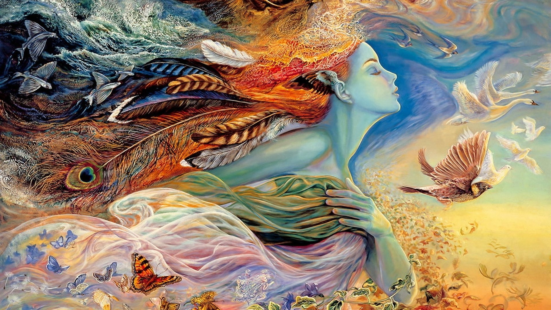Fantasy fairy with luminous blue-green skin and flowing feathered hair that transforms into birds and butterflies amid a swirling, colorful dreamscape.