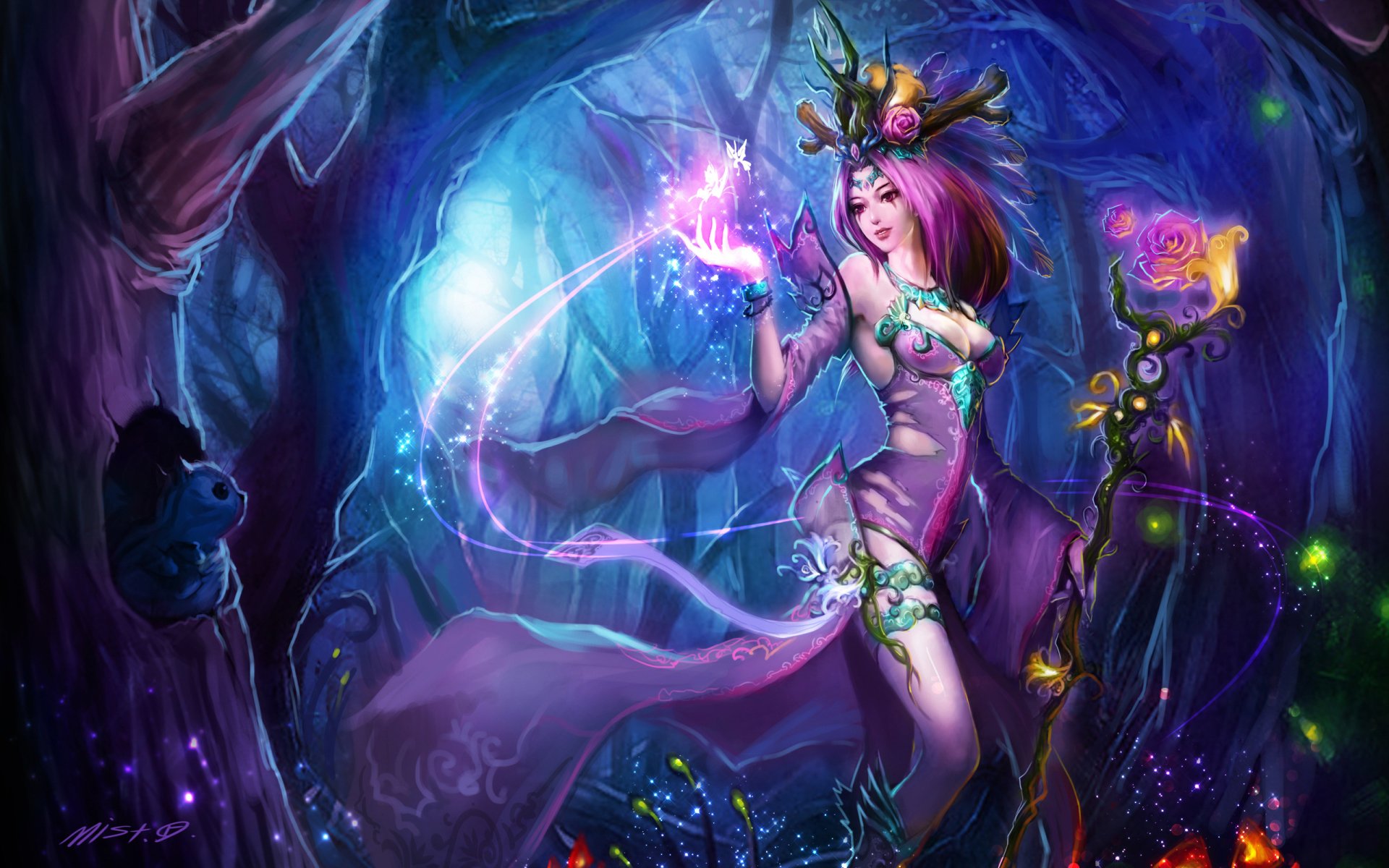 LeBlanc from League of Legends casts a glowing magical spell in a mystical forest, surrounded by vibrant colors and enchanted flora.