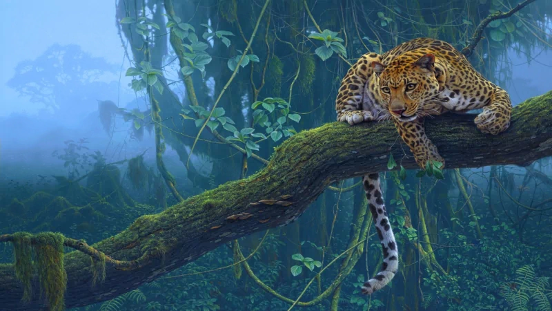 A close-up of a jaguar resting on a moss-covered branch in a lush forest, surrounded by mist and dense greenery, captures the animal's serene presence in its natural habitat.