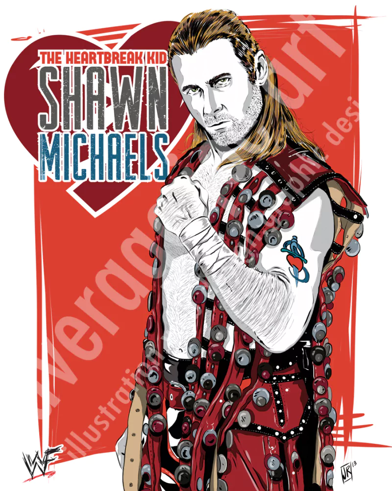 Illustration of WWE wrestler Shawn Michaels, known as The Heartbreak Kid, in wrestling gear with confident pose against a red background.