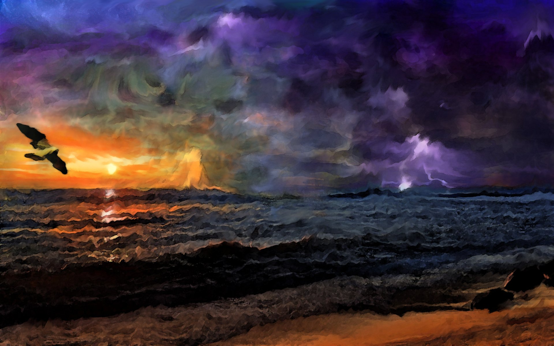 An artistic painting depicting a sunset over a beach, with vibrant colors reflecting off the waves and a storm brewing in the distance, inspired by World of Warcraft.