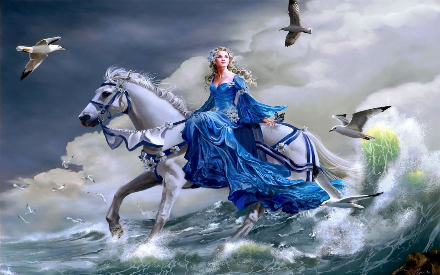 Download Fantasy Horse Bird Blonde Woman Art