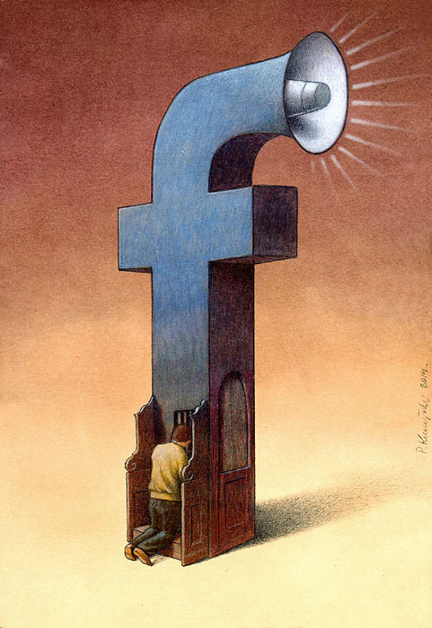 Illustration of a person kneeling inside a confessional shaped like Facebook's f logo, which has a megaphone at the top, symbolizing communication and social media influence.