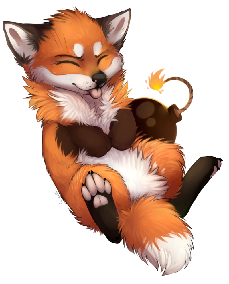 A cute cartoon anthropomorphic fox with orange fur, white chest, and dark paws, lying down with a playful expression and a small flame at the tip of its tail.
