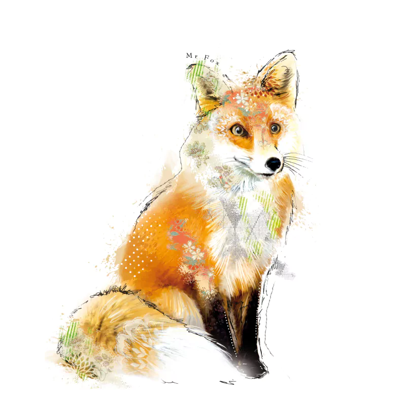 Illustration of a wild fox with orange and white fur, featuring artistic floral and foliage patterns integrated into the animal’s form.