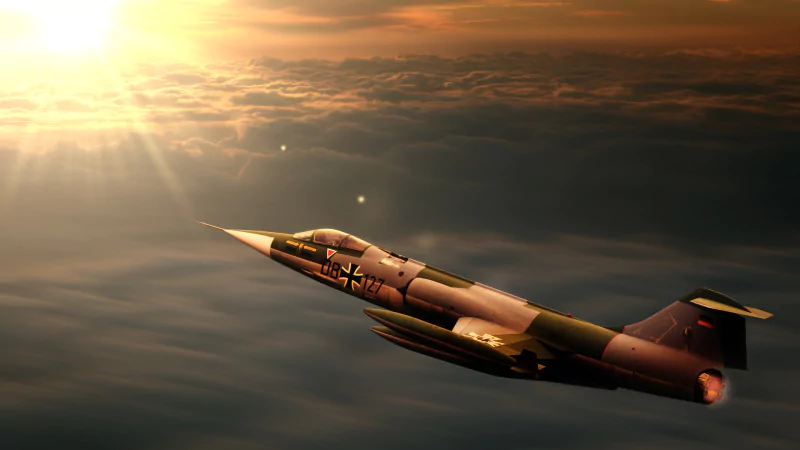 Military jet fighter Lockheed F-104 Starfighter flying above clouds with the sun setting in the background.