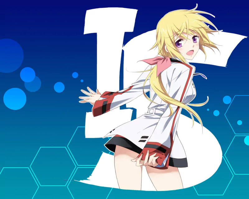 Anime Infinite Stratos: blonde girl in a white school/combat uniform with a pink ribbon and flowing hair, posed before a blue hexagonal background and large IS logo.
