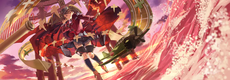 Ryuujou from Kantai Collection with long brown twintails and red eyes, wearing a skirt, surrounded by swirling water and mechanical elements in an anime-style scene.