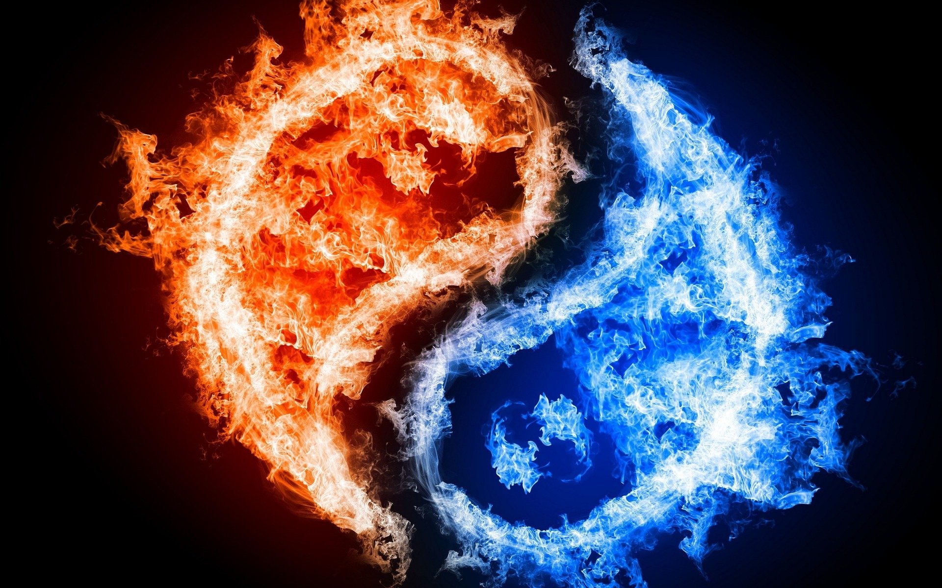 A fiery Yin Yang symbol with one side blazing orange and the other glowing blue, reflecting religious and The Expendables themes.