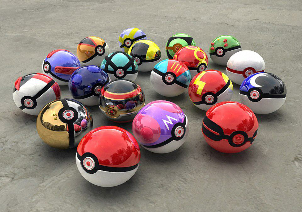 A collection of various anime-inspired Pokémon Poké Balls, each featuring distinct colors and designs, arranged on a concrete surface.