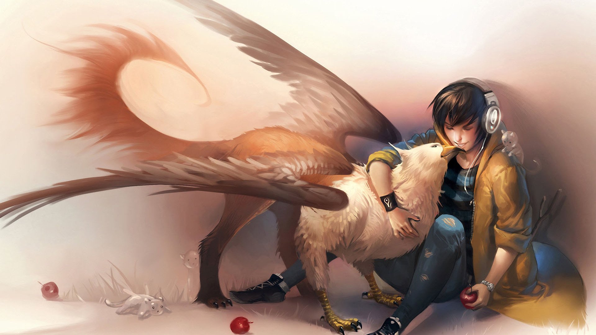 A person sits beside a griffin, gently interacting with it. The scene blends elements of fantasy, showcasing the unique bond between human and mythical creature.