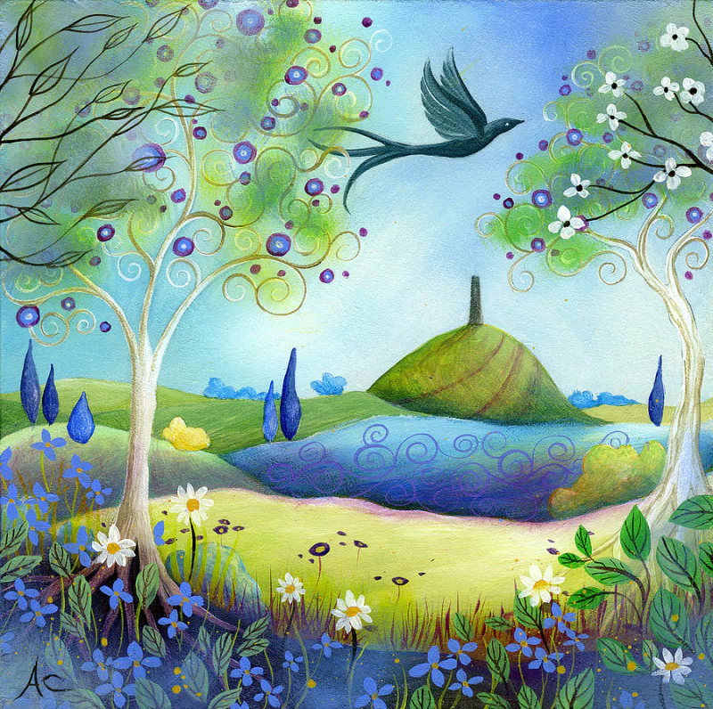 A vibrant spring landscape painting featuring lush flora, blooming trees, a serene hill with a tower, and a bird soaring across a bright, clear sky.