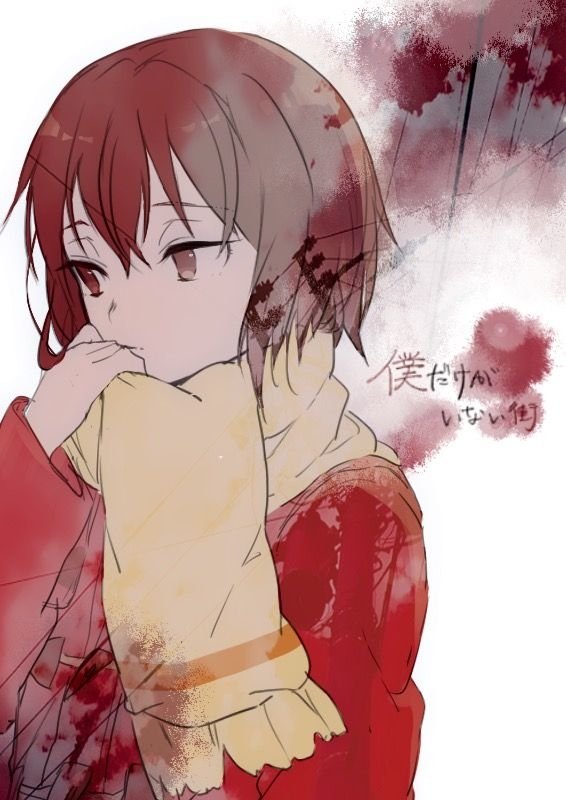Kayo Hinazuki from the anime Erased gazes pensively, wrapped in a yellow scarf, with a background blending haunting reds and soft textures, capturing her introspective nature.
