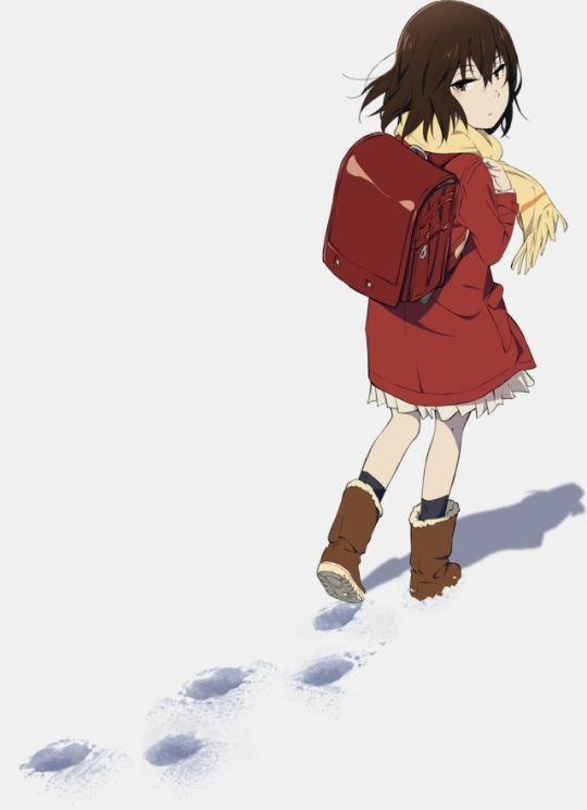 Kayo Hinazuki from the anime Erased walks through snow, leaving a trail of footprints behind her, wearing a red coat, yellow scarf, and brown boots with a school backpack.