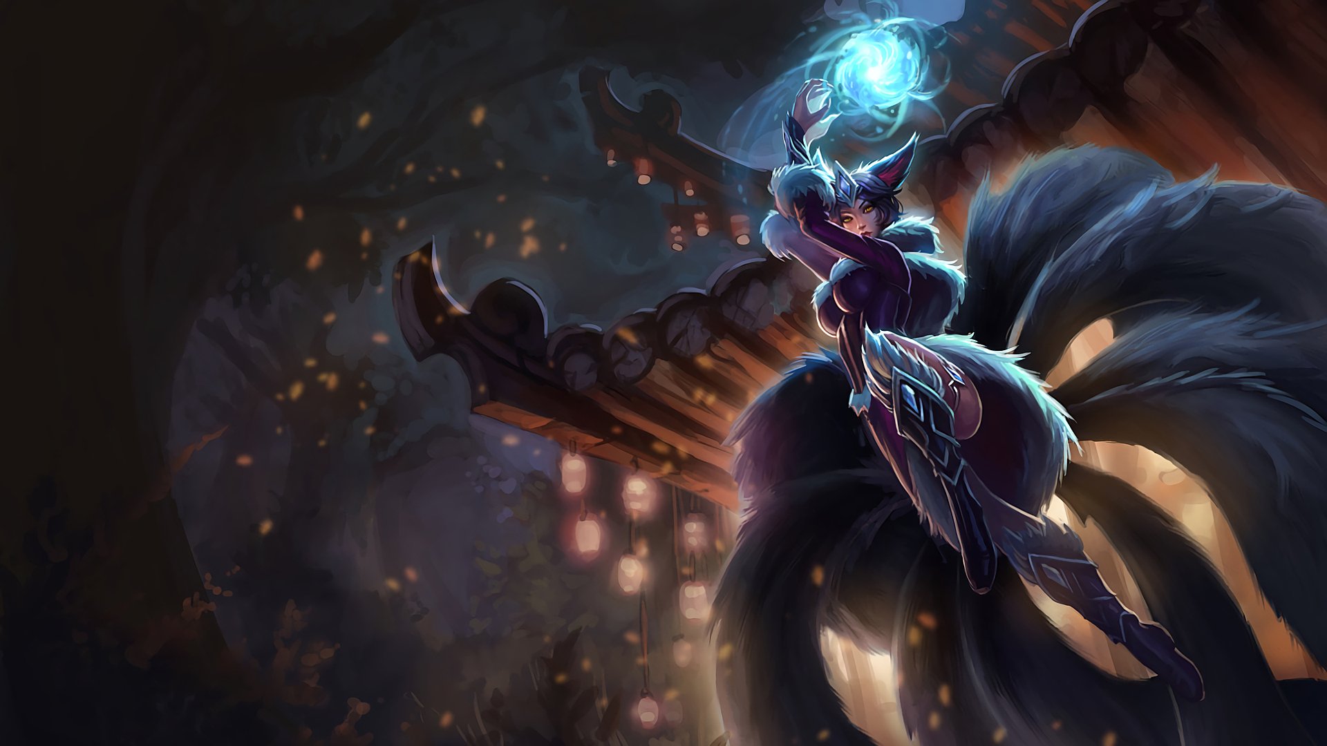 Ahri (League of Legends) on a moonlit rooftop, nine fox tails fanned out as she conjures a glowing blue orb — League of Legends video game art.