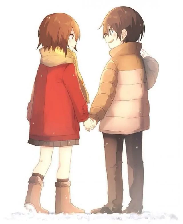 Satoru Fujinuma and Kayo Hinazuki from the anime Erased stand together in a snowy scene, holding hands and sharing a moment of connection and warmth.