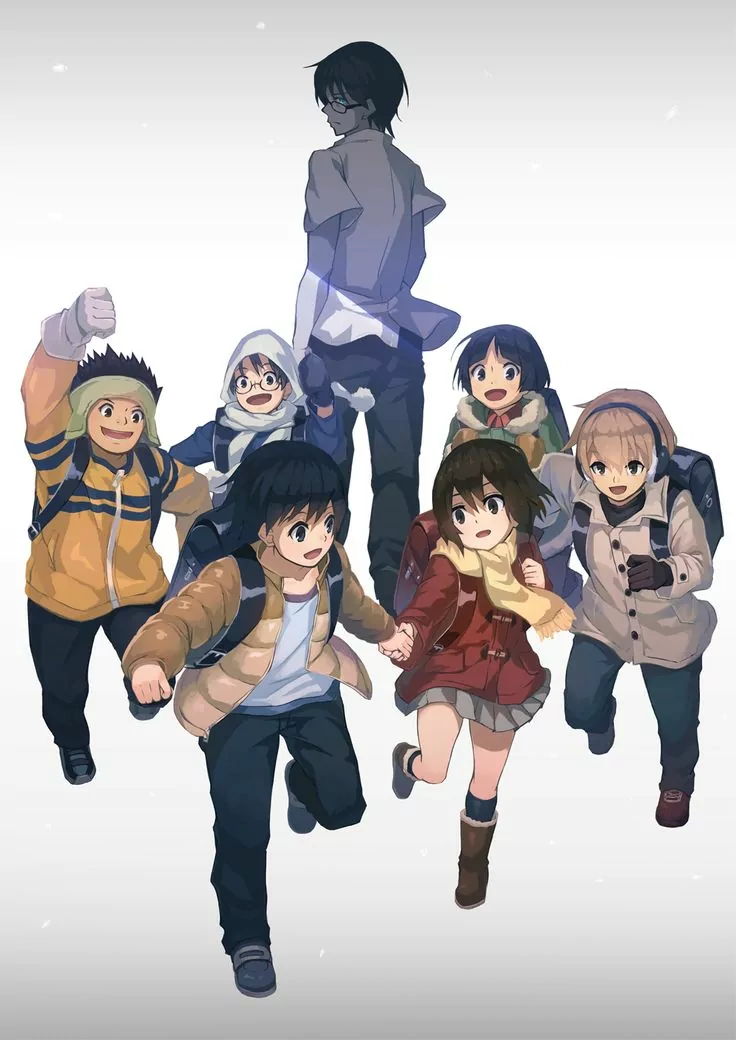 A group of children joyfully run towards the viewer, guided by a shadowy figure in the background. This scene is inspired by the anime Erased.