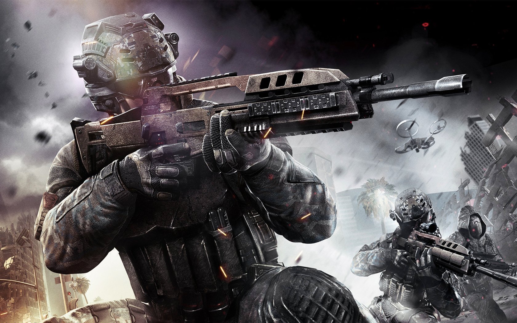 Call of Duty: Black Ops II — armored soldier in tactical gear aims a futuristic rifle amid smoke, explosions and helicopters, with fellow soldiers advancing across a chaotic battlefield.