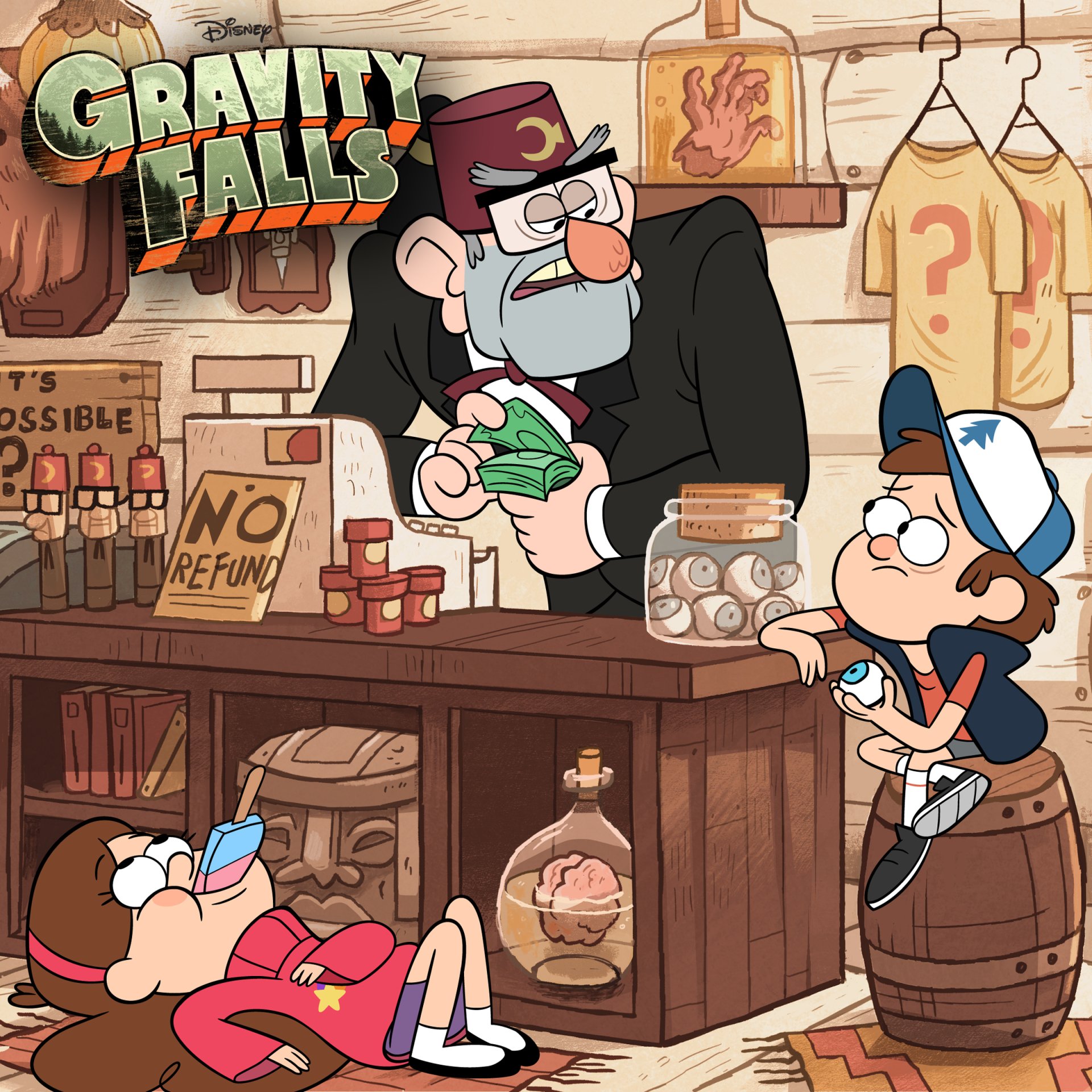 TV show Gravity Falls: Mabel Pines sprawled on the floor, Dipper Pines perched on a barrel holding a trinket, and Stanley Pines counting cash behind the Mystery Shack counter.