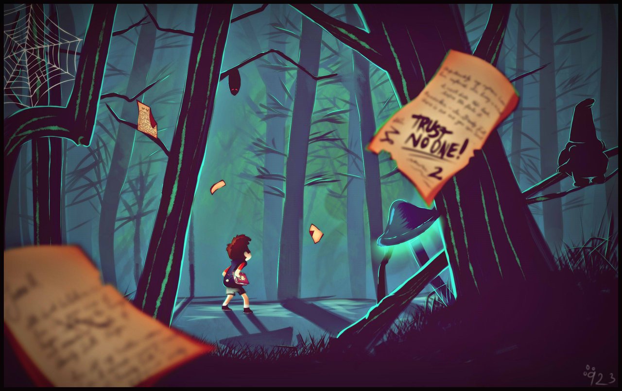 TV show Gravity Falls scene: a young girl walks through a misty, eerie forest as journal pages swirl and a blue spectral figure and a crow watch from the trees.