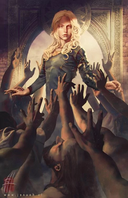 Daenerys Targaryen from the TV show Game of Thrones stands confidently with outstretched arms as multiple hands reach toward her in a dramatic, ethereal scene.