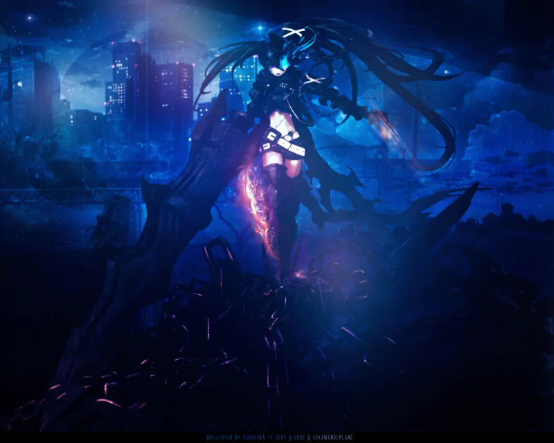 Anime scene of Black Rock Shooter standing on ruins at night, blue flame and glowing eye, massive cannon arm and flowing twin tails before a neon-lit city skyline.