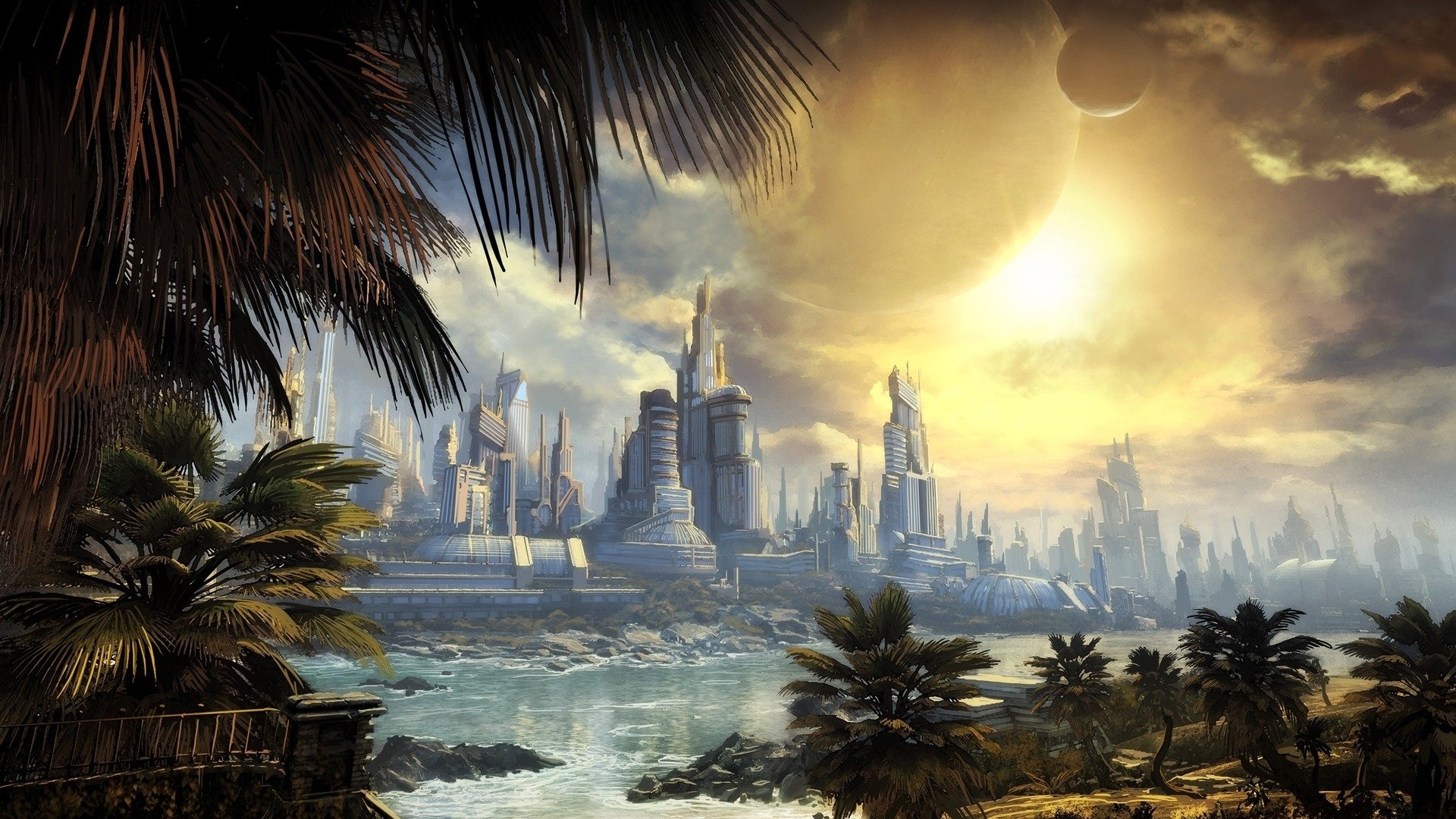A fantasy cityscape with towering futuristic structures under a glowing sky, viewed across a calm body of water framed by lush palm trees in an artistic style.