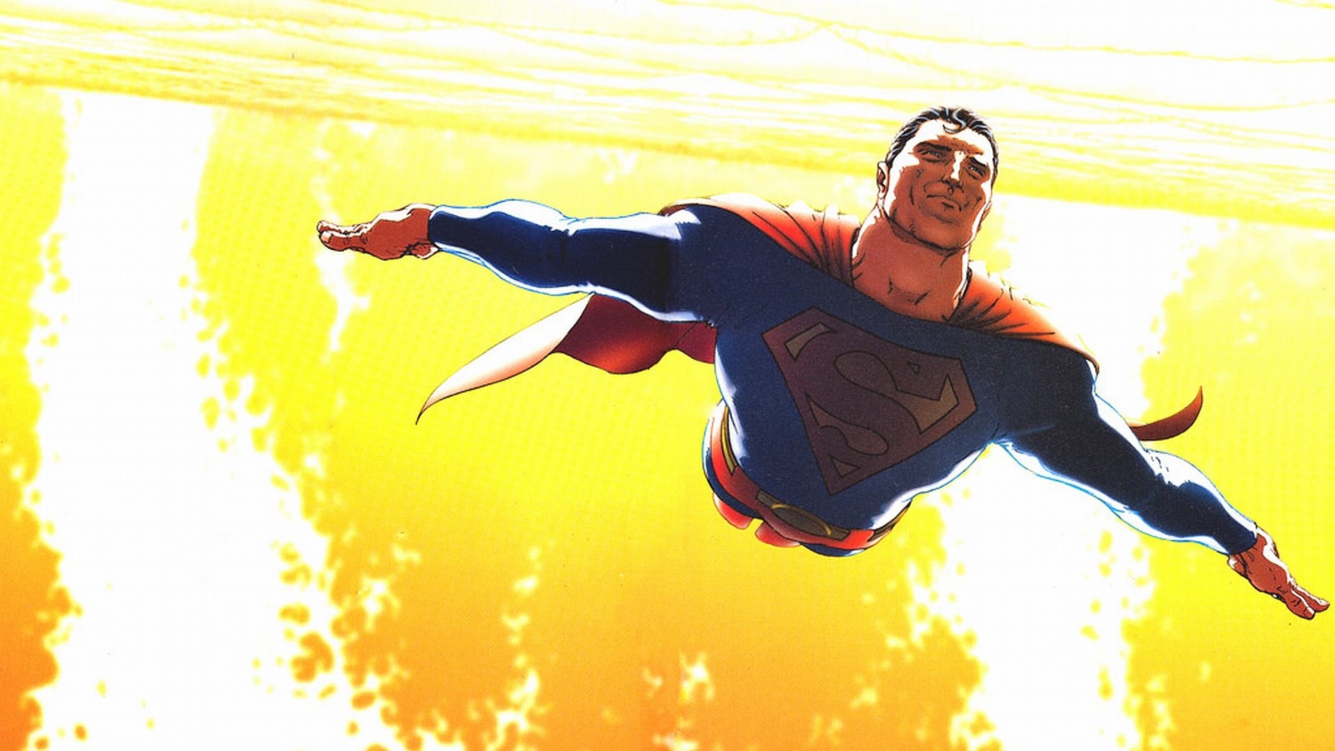 Illustration of All Star Superman flying with a bright, fiery background, showcasing iconic comic book style and the hero's classic costume.