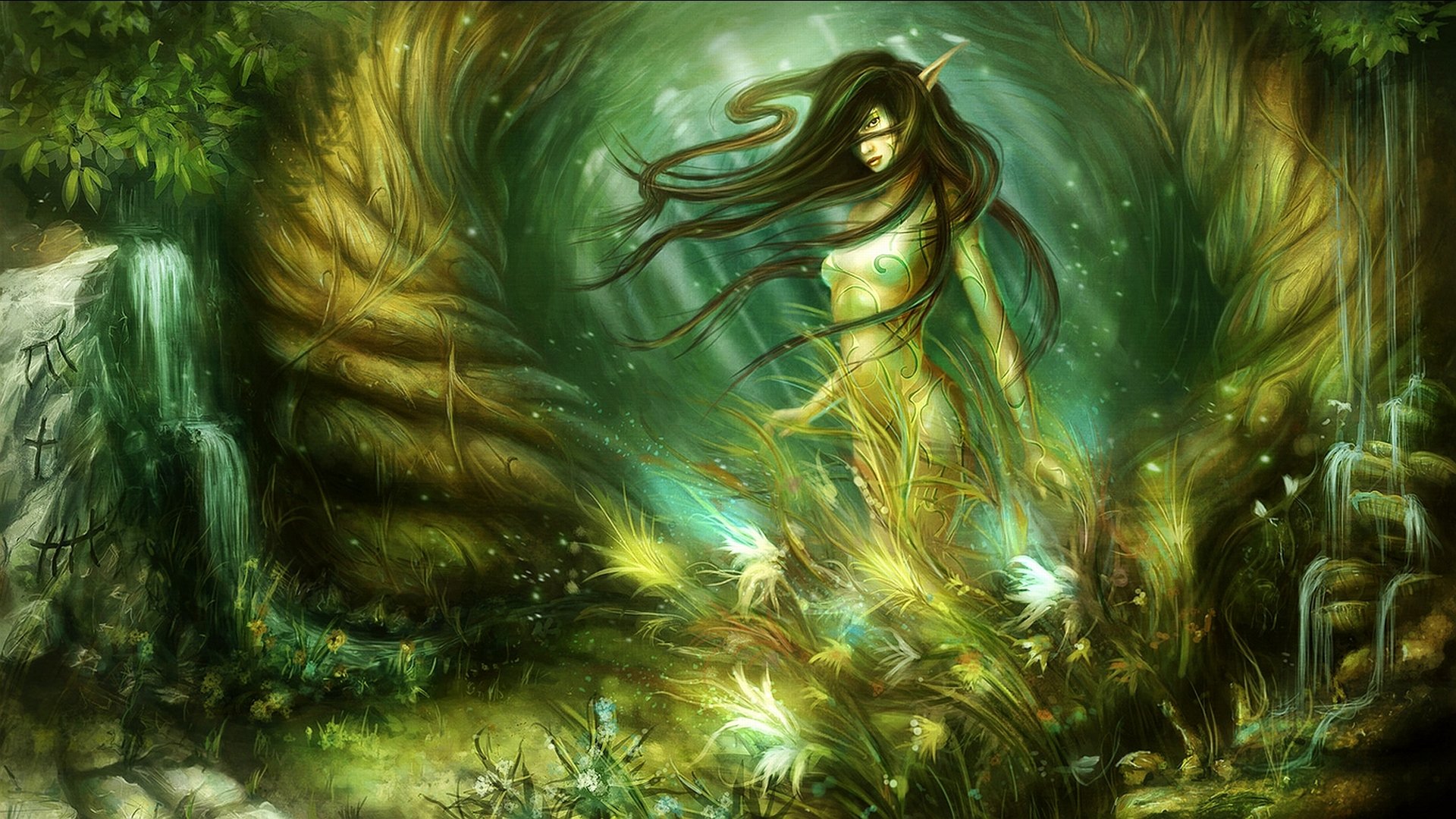 A sylvan fantasy scene depicting a mystical woman surrounded by glowing plants and giant trees in an enchanted forest.