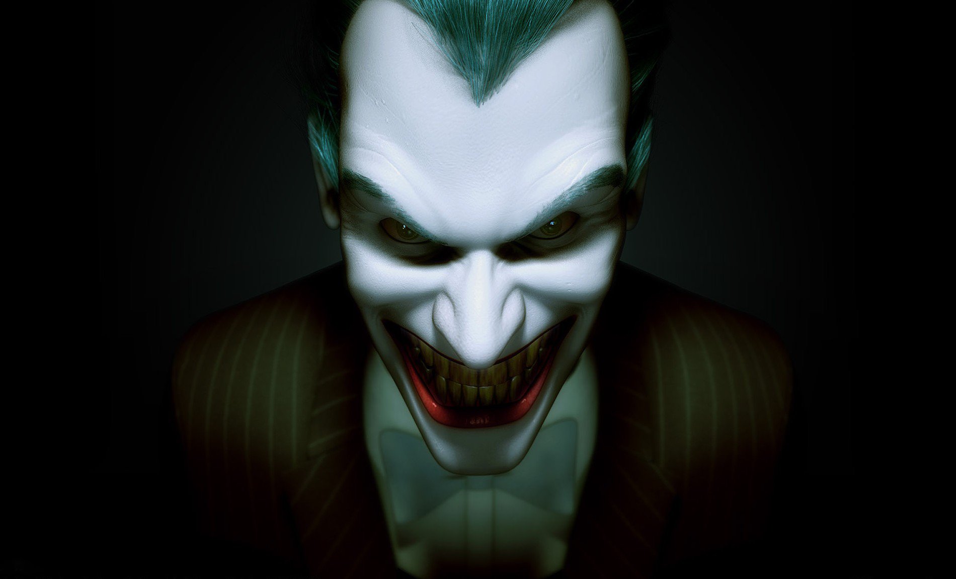 A sinister depiction of the Joker from a comic, featuring his menacing grin and exaggerated facial features against a dark backdrop.