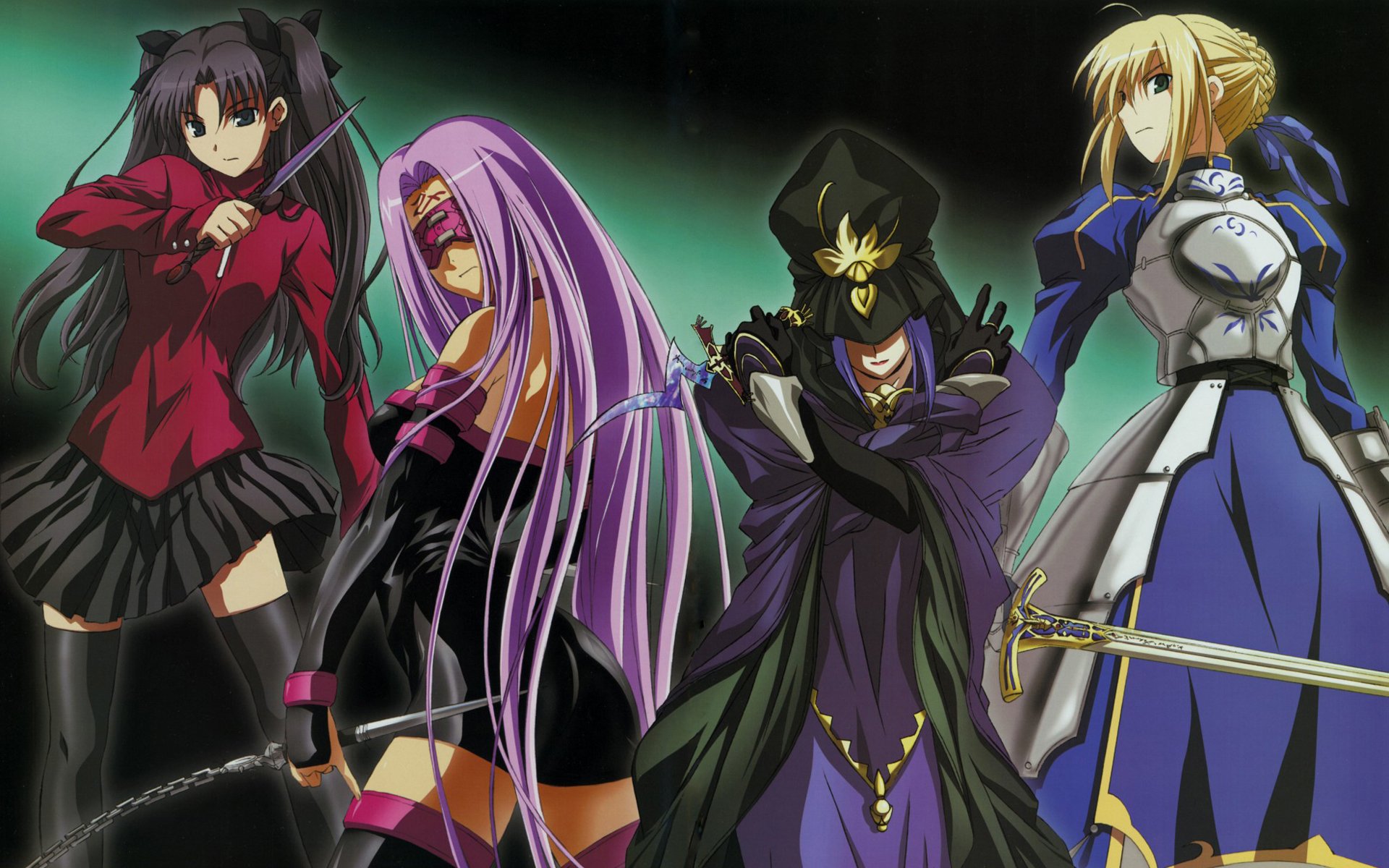 Rin Tohsaka, Rider, Caster and Saber from Fate/Stay Night stand together in anime style, each in their signature outfit and armed for battle.