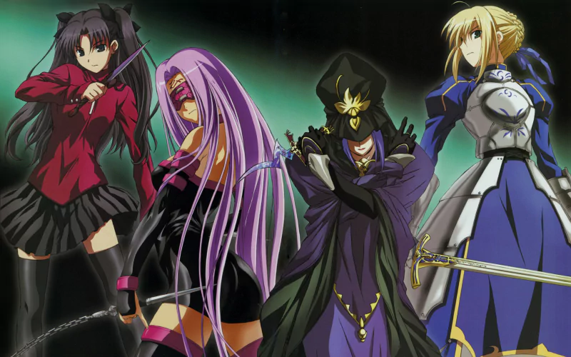 Rin Tohsaka, Rider, Caster and Saber from Fate/Stay Night stand together in anime style, each in their signature outfit and armed for battle.