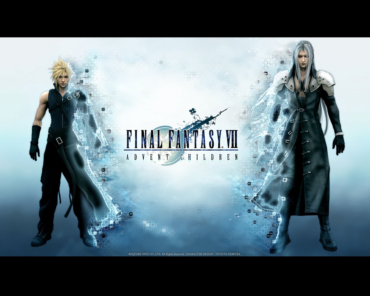 Final Fantasy VII video game artwork: Cloud Strife (left) and Sephiroth (right) flank the Advent Children logo on an icy blue background.