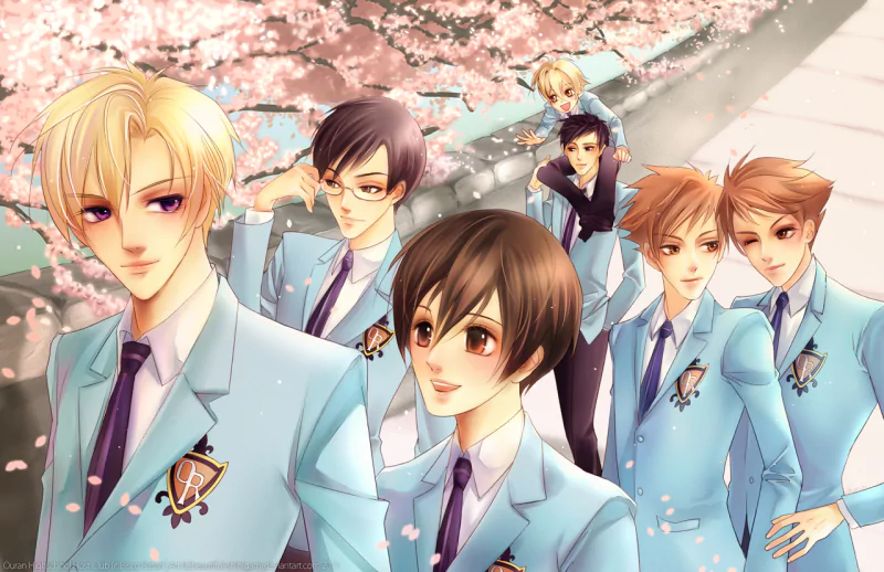 Anime Ouran High School Host Club Boys cherry blossom school uniform Image