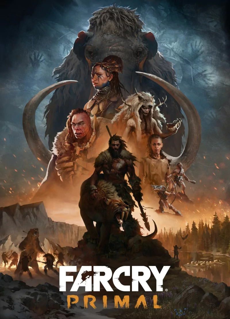 Video game poster for Far Cry Primal: a primal warrior with a saber-toothed tiger, tribal allies and a looming mammoth against a fiery prehistoric landscape.